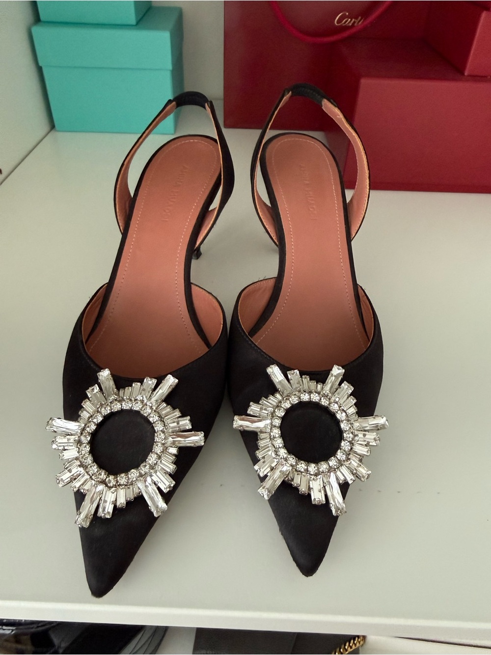 Manolo Blahnik Black Satin Slingback Heels with Crystal Brooch